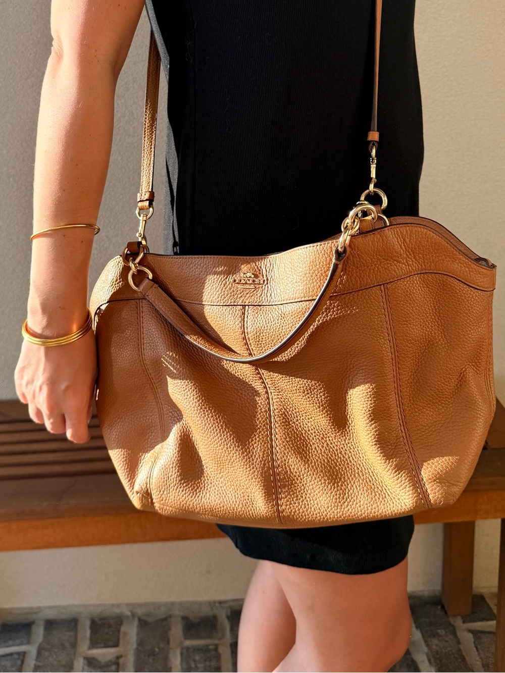 Coach Cognac Pebbled Leather Shoulder Bag with Gold Hardware